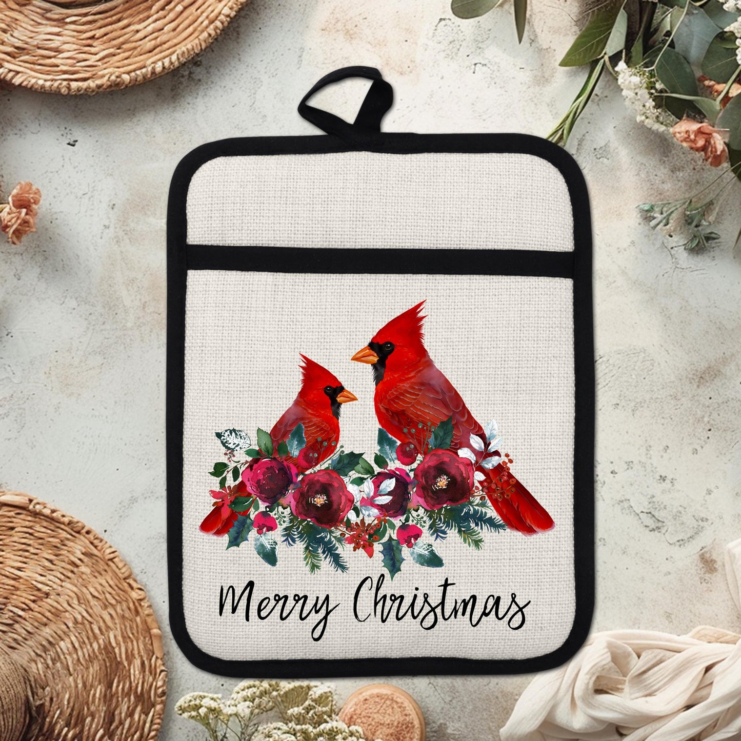 Christmas Cardinal Pot Holder with Two Red Birds on Floral Border - Linen Hot Pad for Holiday Gifting