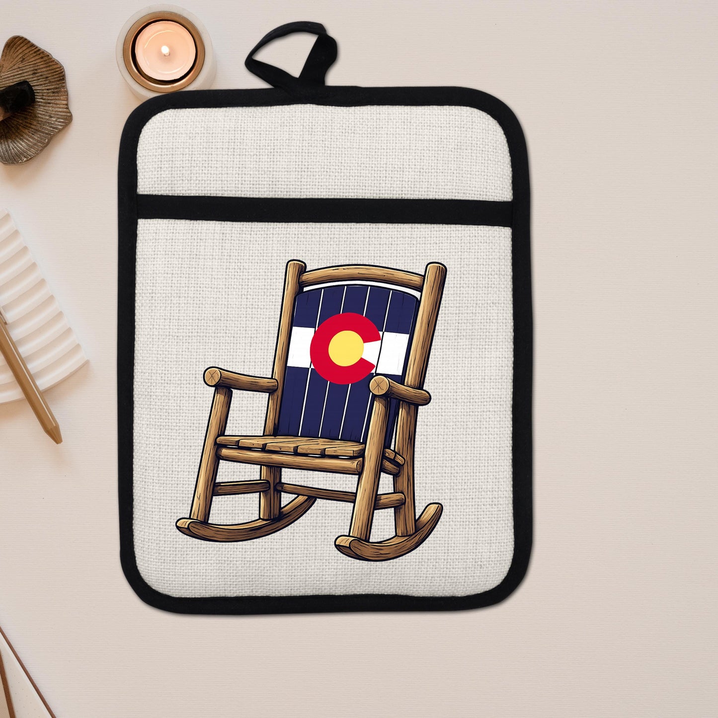 Linen Oven Mitt - Colorado Rocking Chair Pot Holder with Trivet & Heat Resistant Design
