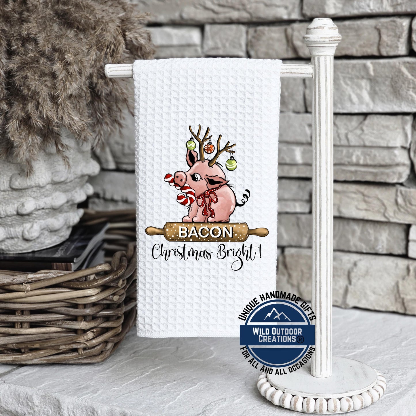 Reindeer Pig Christmas Kitchen Towel Bacon Funny Farmhouse Waffle Weave Holiday Decor Gift