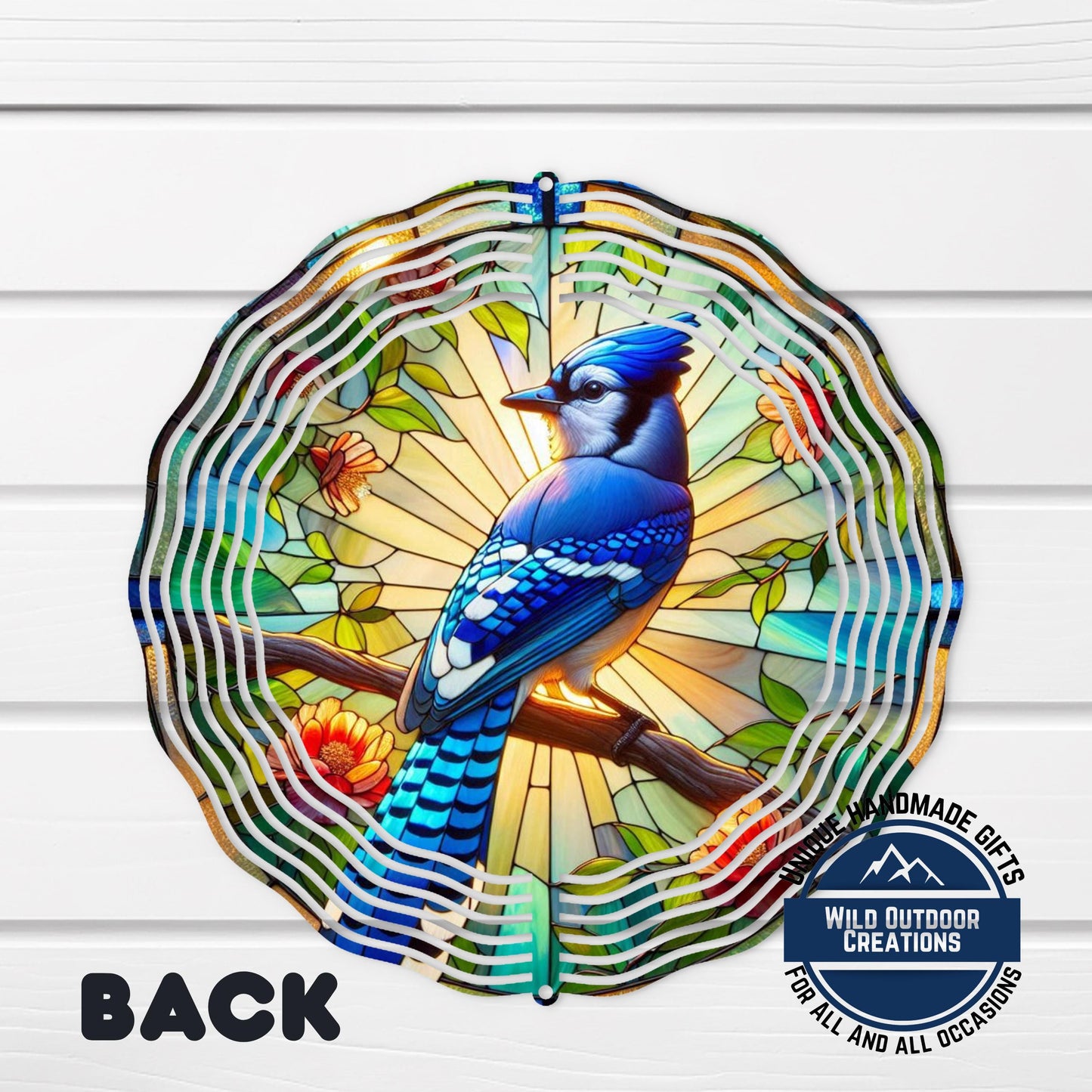 Blue Jay Wind Spinner – 10 Inch Aluminum Garden Spinner with Faux Stained Glass Decor