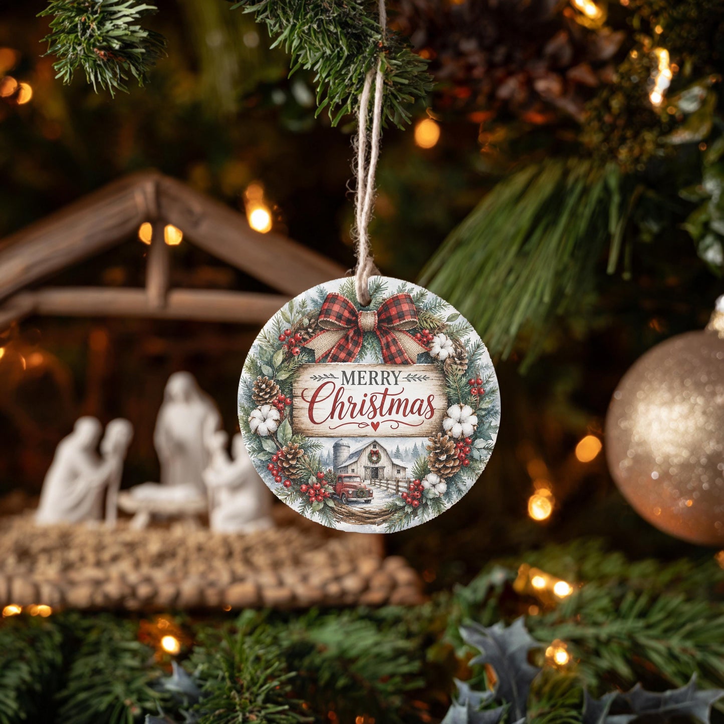 Ceramic Christmas Ornament, Farmhouse Wreath Scene, 3 Inch, Ribbon