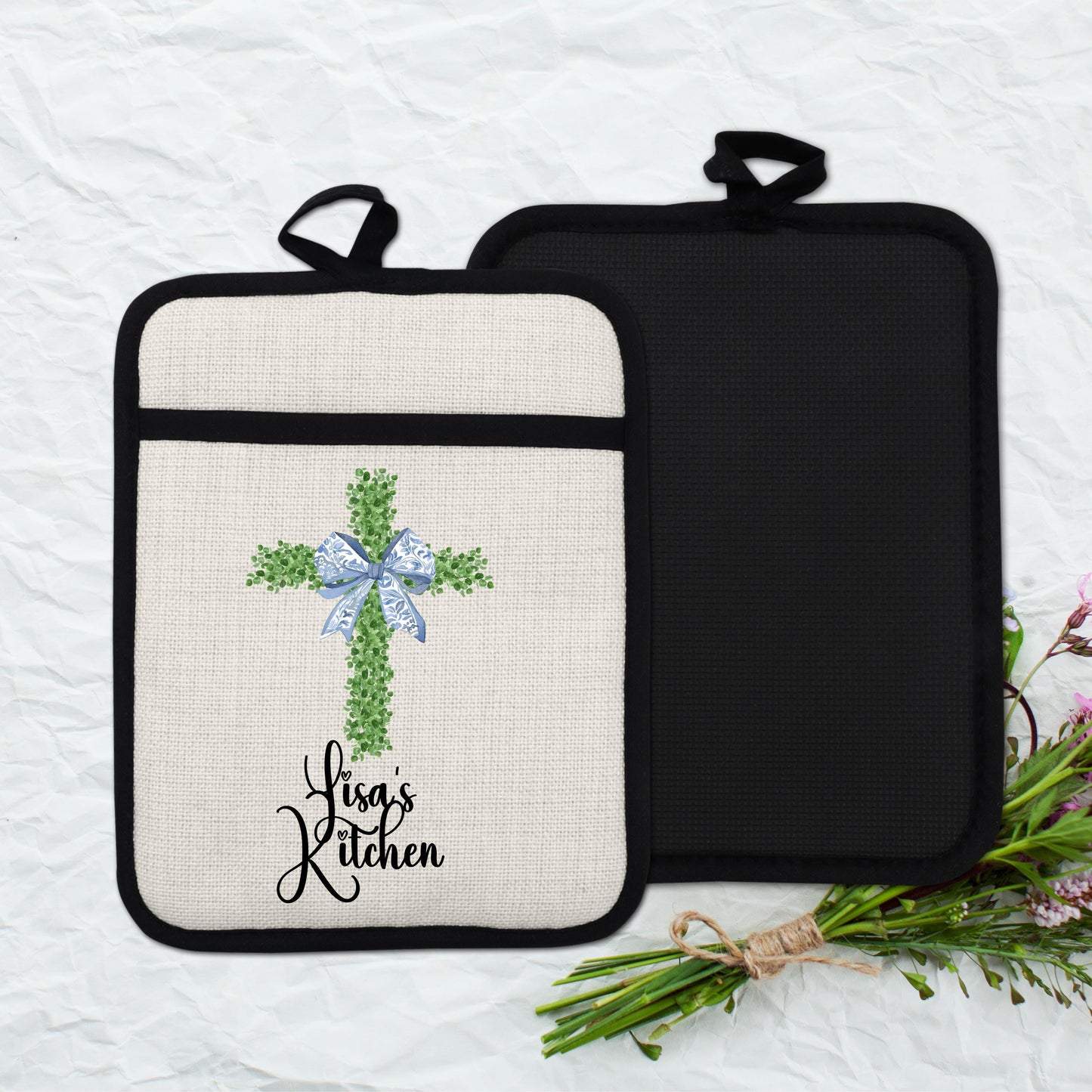 Personalized Christian Pot Holder - Custom Name Floral Cross Kitchen Gift - additional product photo 12