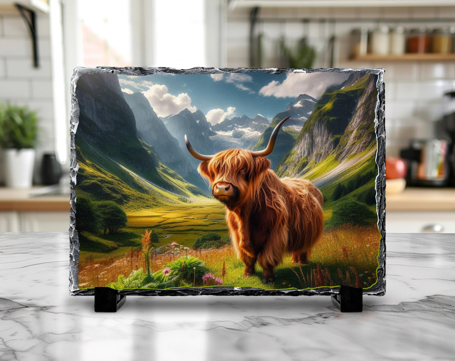 Highland Cow Slate Plaque – Durable Natural Stone Decor with Mountain View
