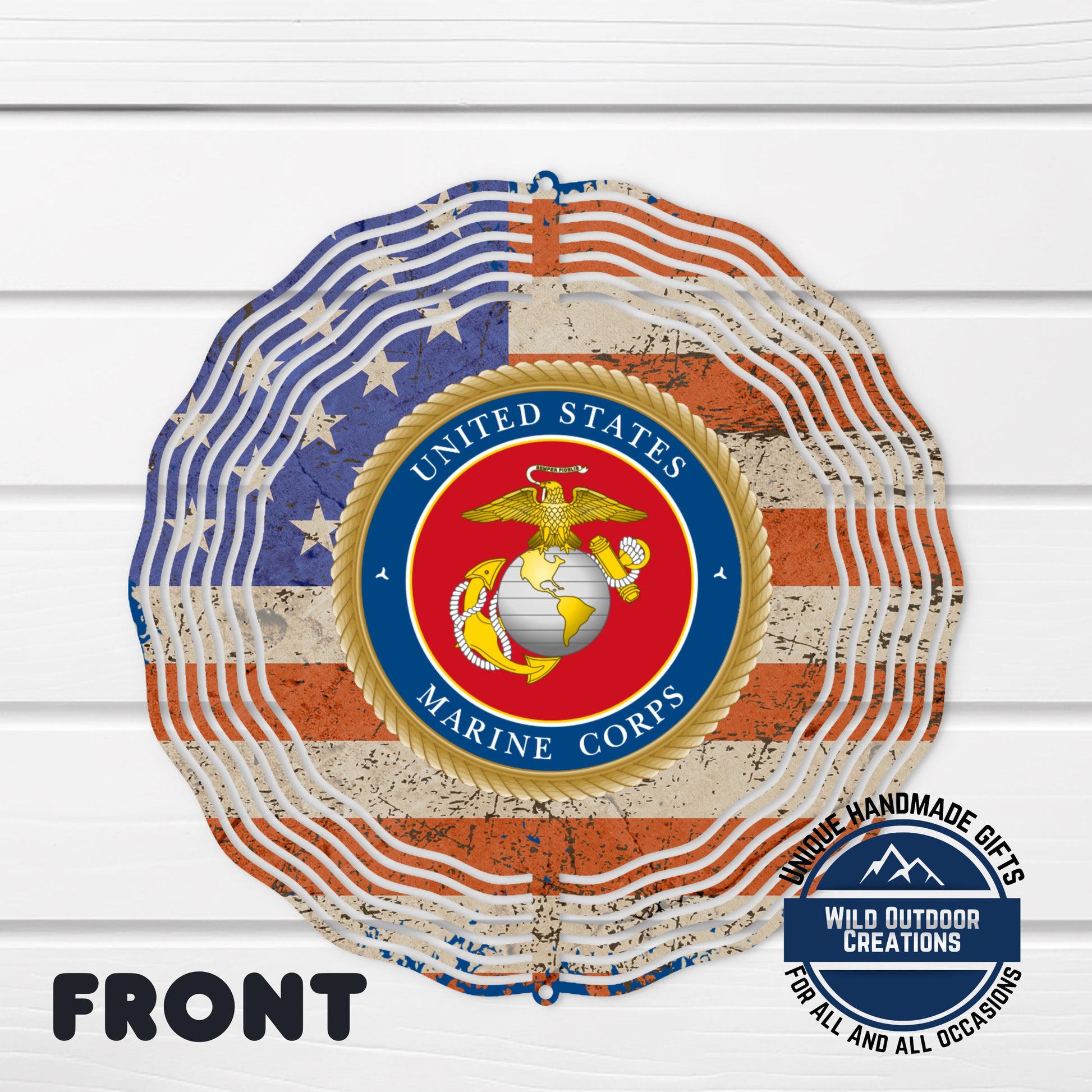 Marine Corps Wind Spinner – USMC Garden Decor | Patriotic Aluminum Outdoor Art - shown spinning in outdoor garden setting