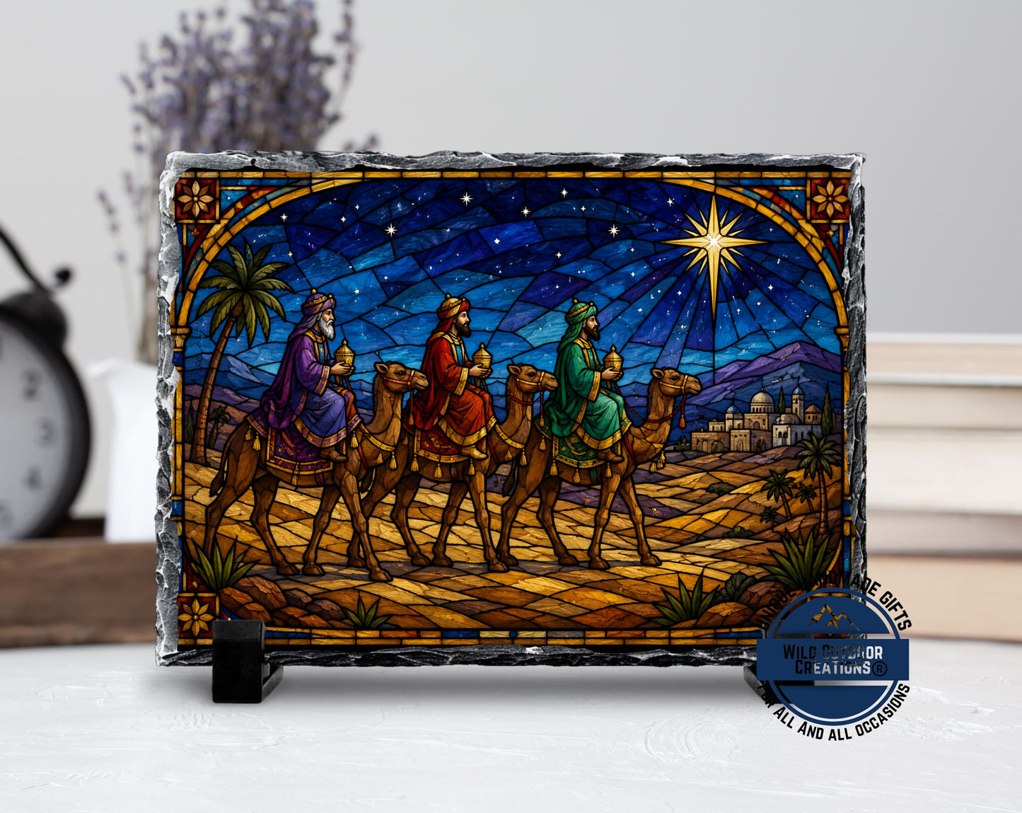 Three Wise Men Faux Stained Glass Slate Plaque, Christmas Nativity Decor, Religious Gift