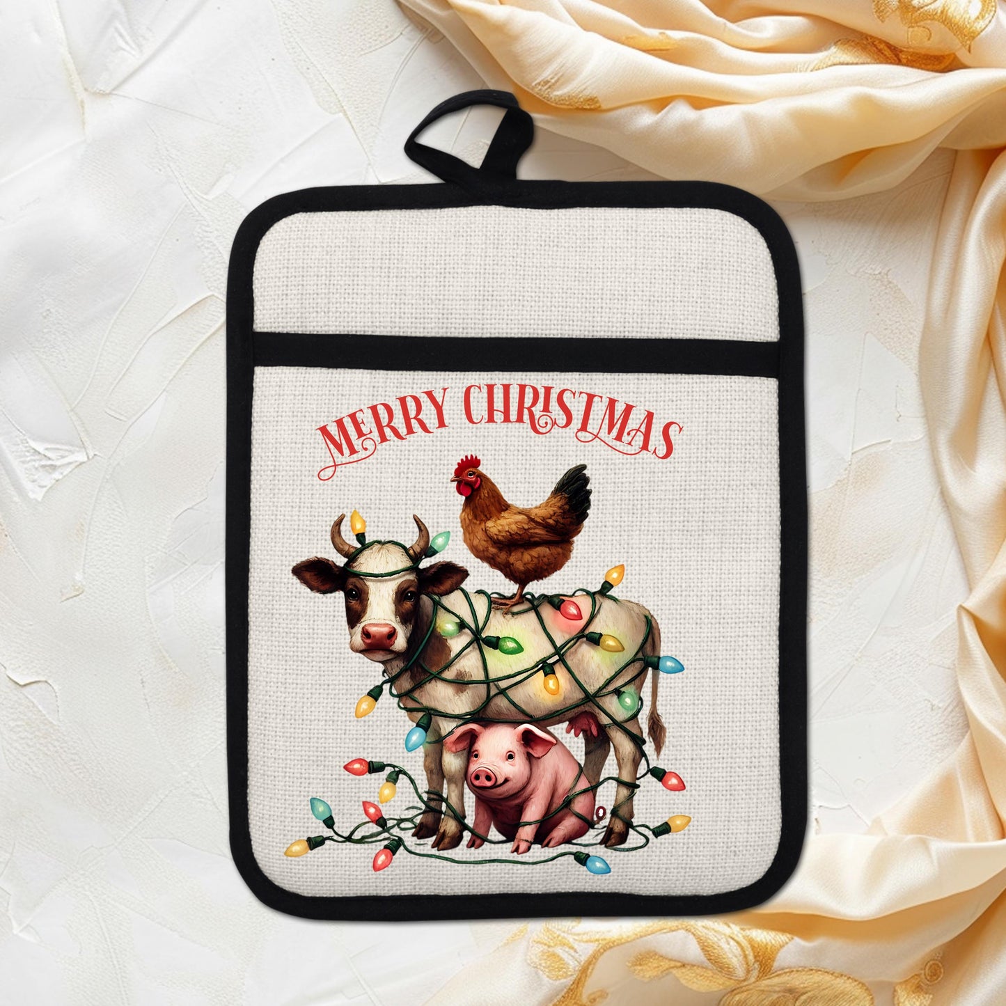 Funny Farm Animal Christmas Pot Holder - Cow Pig  Chicken Design Rustic Linen Hot Pad for Festive Kitchen Decor