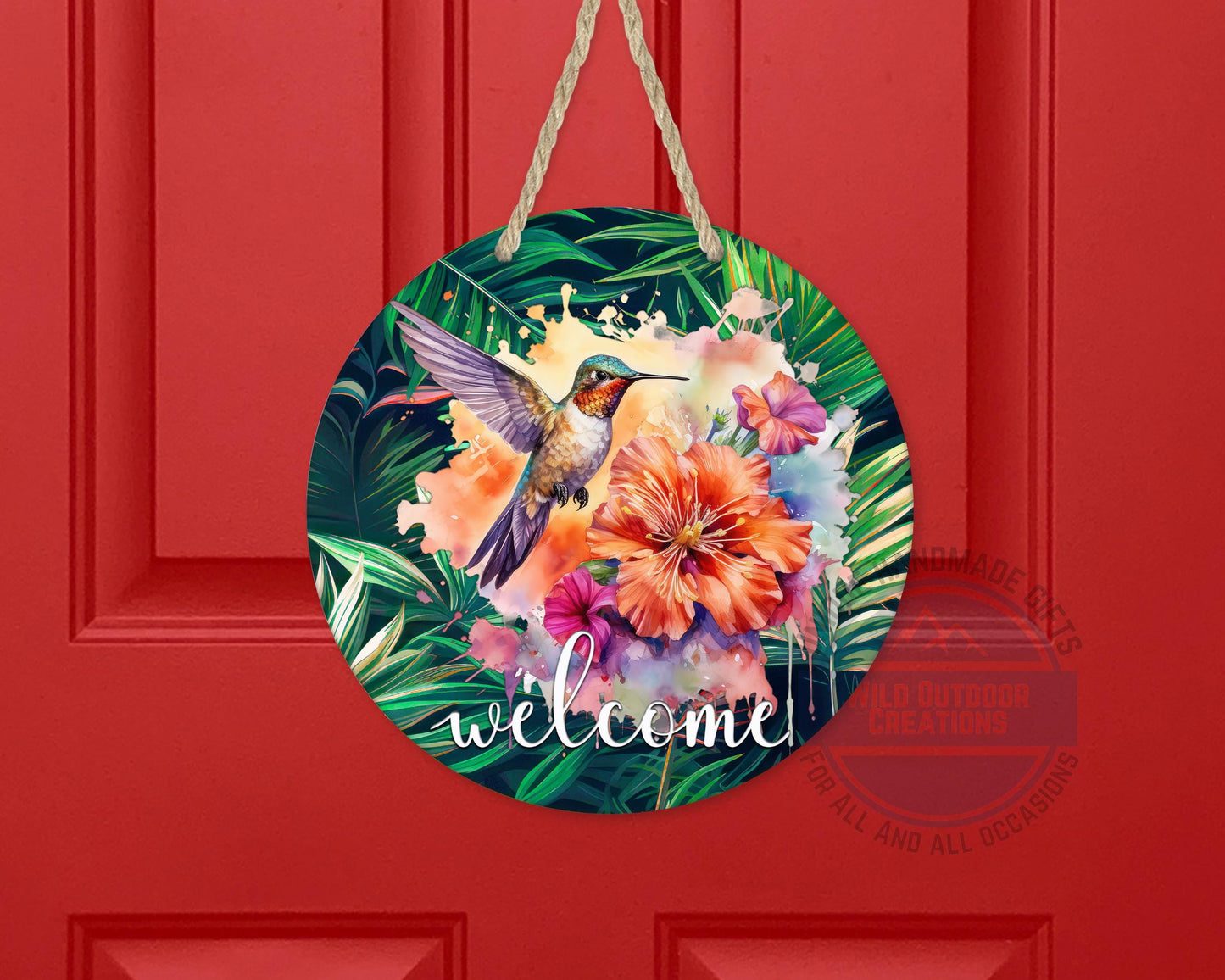 Tropical Hummingbird Door Hanger - Colorful Floral Welcome Sign with Fade Resistant Print