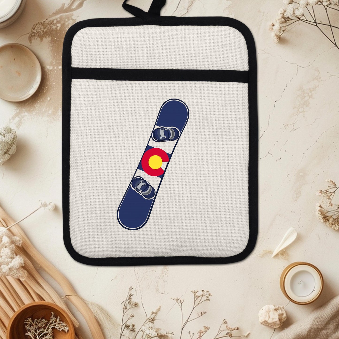 Snowboard Pot Holder - Colorado Flag Design | Linen Fabric & Silicone Backing Pad Trivet