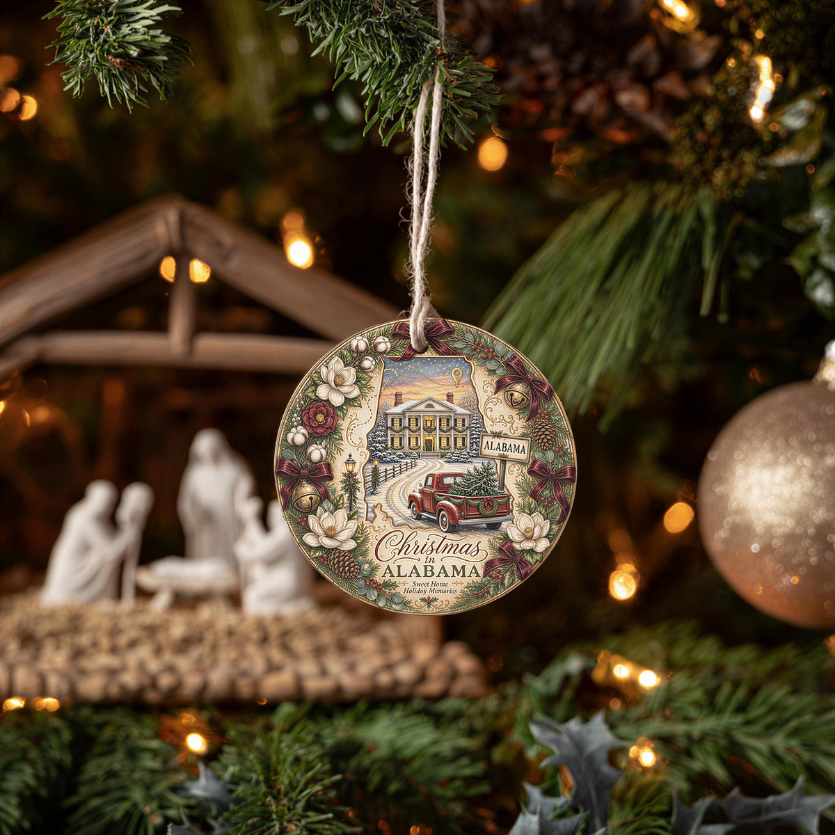 Alabama Christmas Ornament, Vintage Red Truck, Mansion Scene | Ceramic 3 Inch Double-Sided