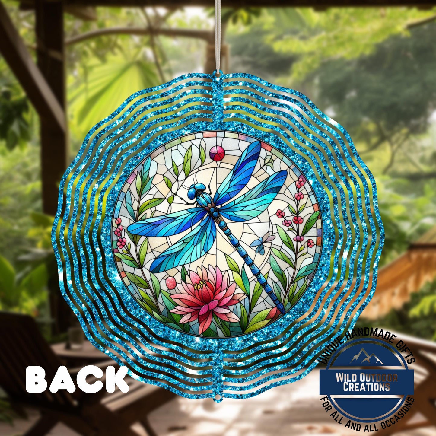 Dragonfly Wind Spinner - Vibrant Faux Glitter Stained Glass Garden Decor