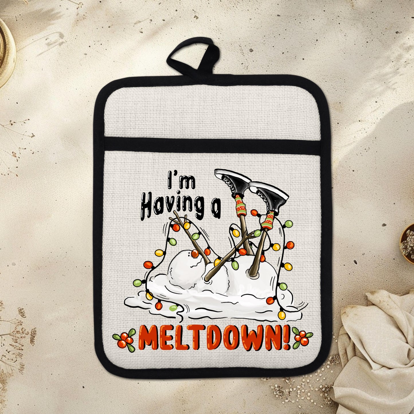 Funny Snowman Pot Holder with Im Having a Meltdown Quote - Holiday Kitchen Decor with Christmas Lights  Holly