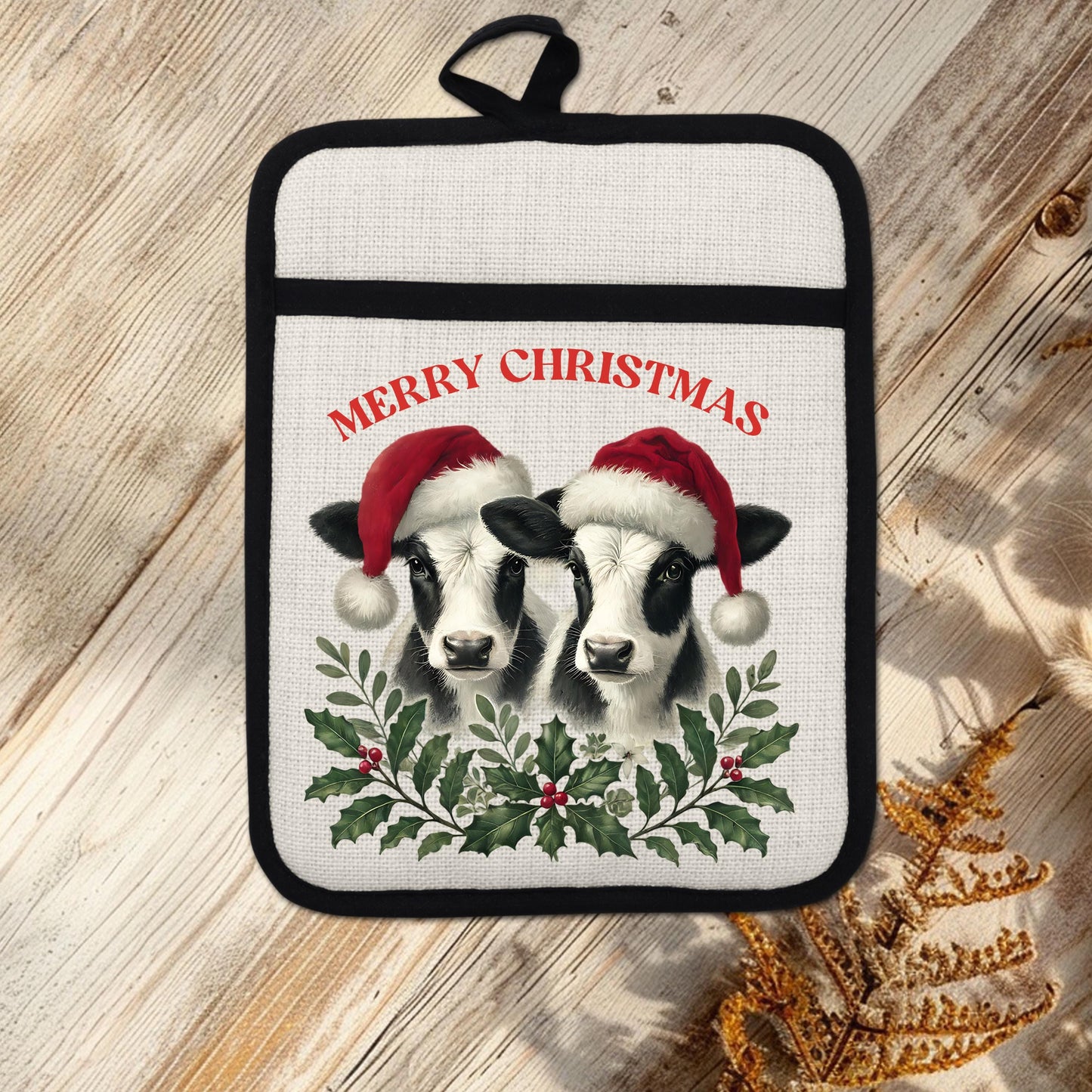 Christmas Cow Pot Holder with Santa Hats - Rustic Black  White Farmhouse Kitchen Decor