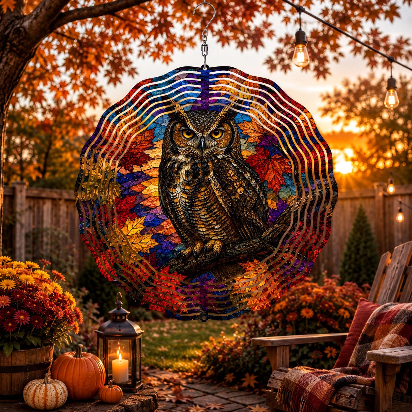 Great Horned Owl Faux Stained Glass Wind Spinner Fall Autumn Leaves Garden