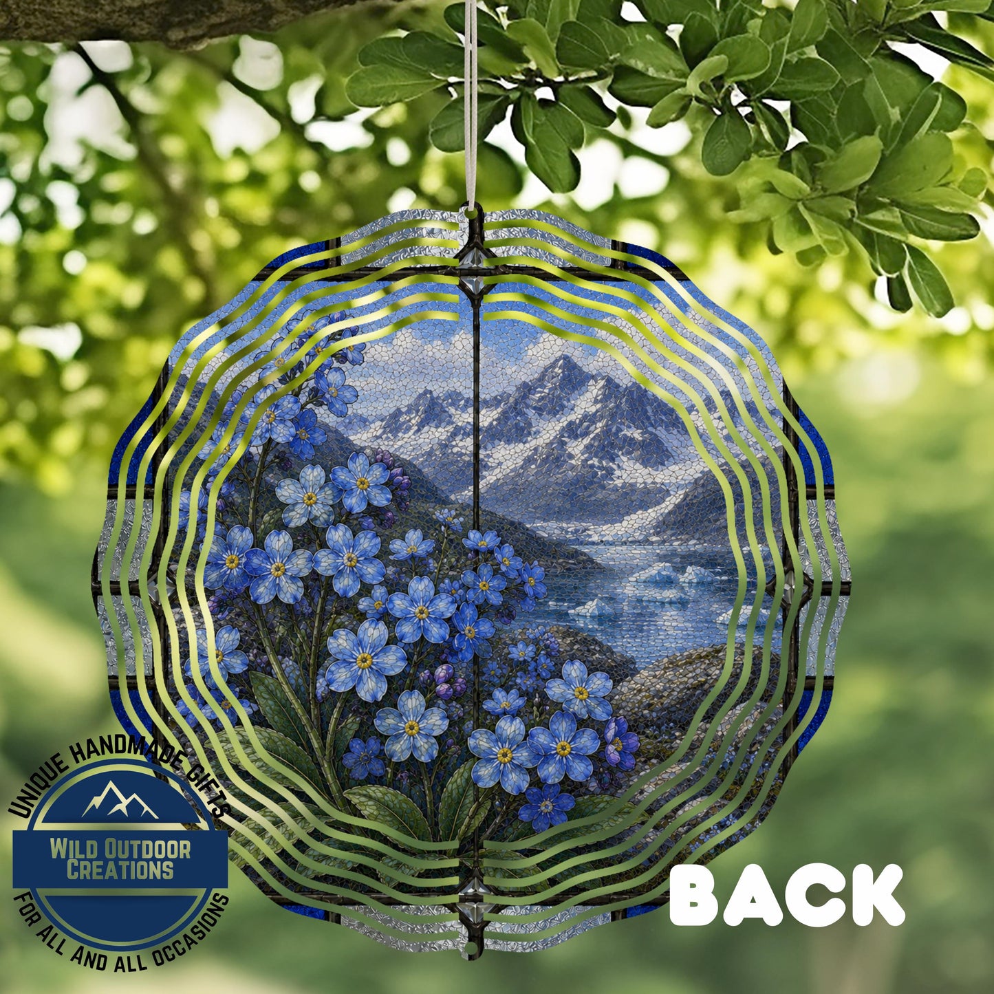 Forget Me Not Wind Spinner Alaska State Flower Stained Glass Style Garden Aluminum Decor