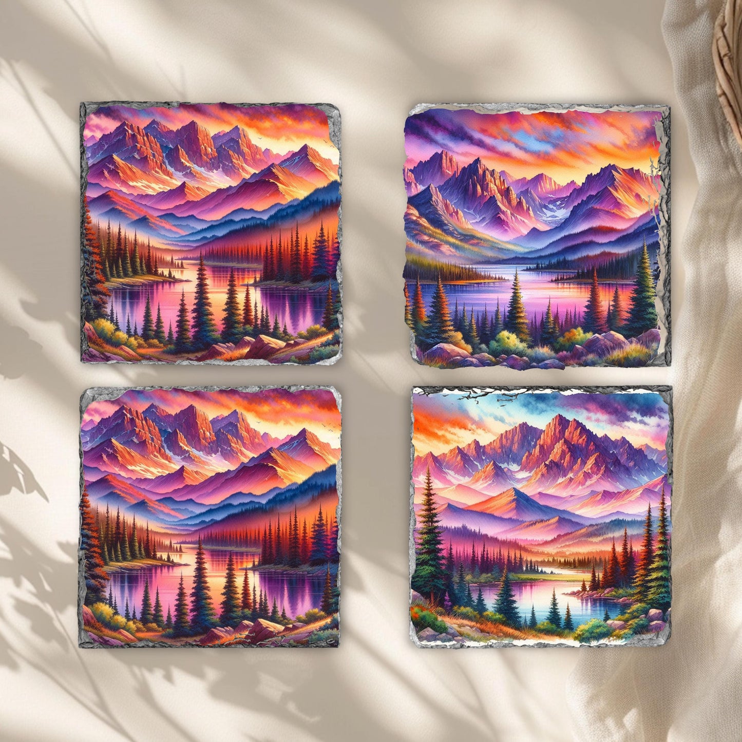 Slate Coaster Set with Vibrant Sunset Mountain Lake Images  Fractured Edges Perfect Gift for Nature Lovers