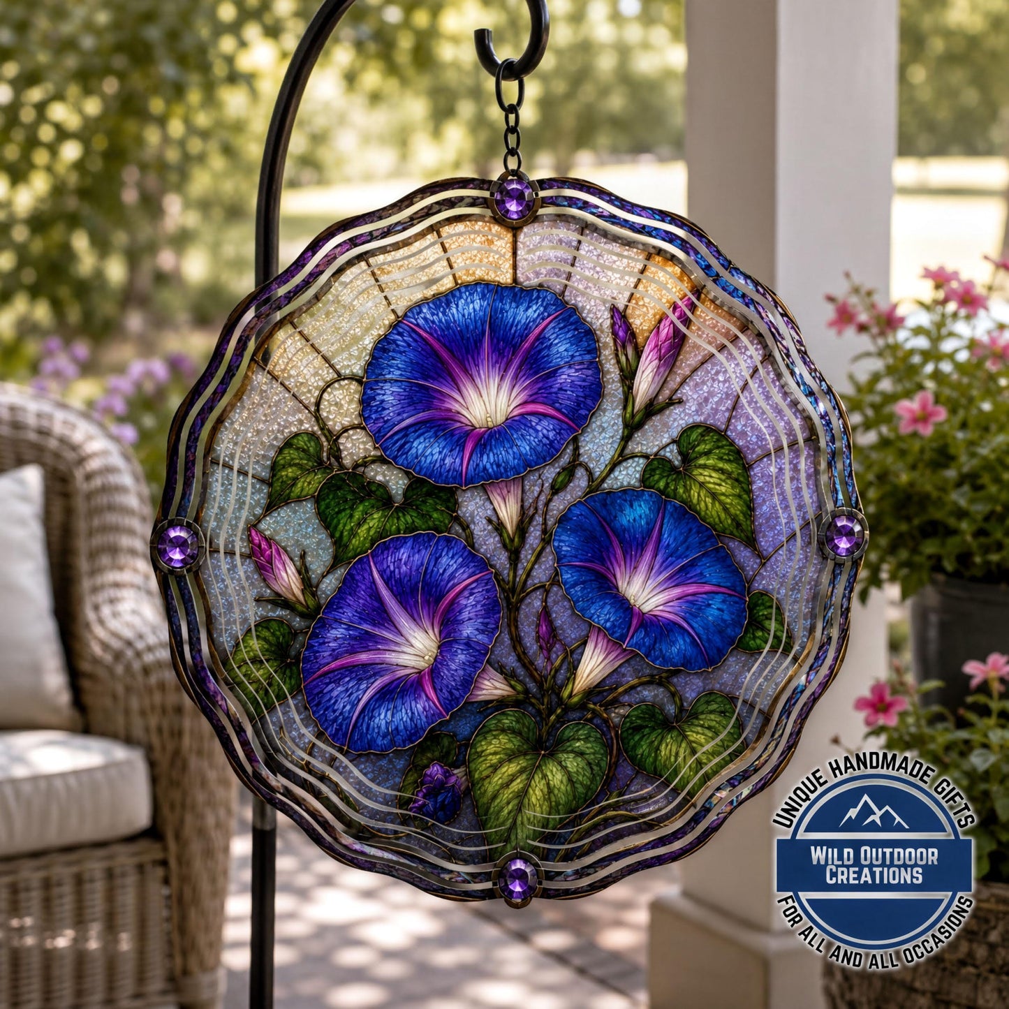 September Birth Flower Wind Spinner Morning Glory Faux Stained Glass Garden Gift Yard Art