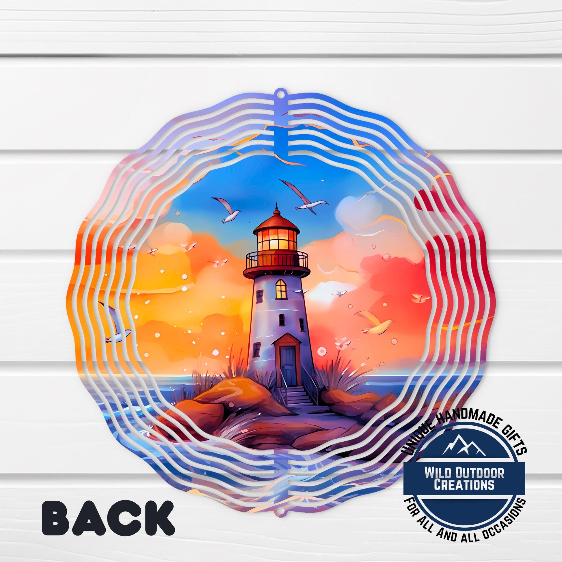 Lighthouse Wind Spinner – 10 Inch Double Sided Aluminum Coastal Yard Art - scale and size reference