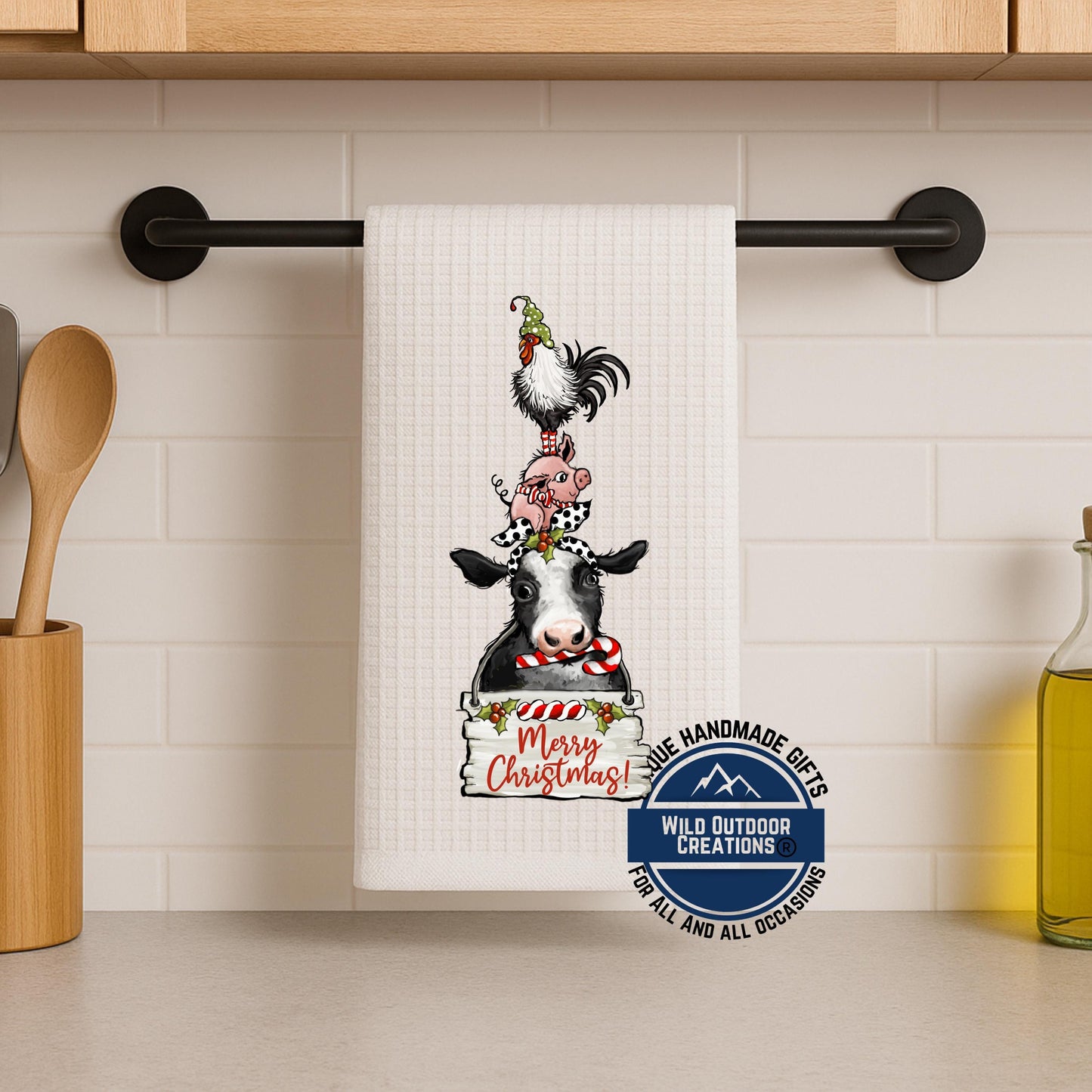 Stacked Farm Animals Merry Christmas Kitchen Towel Cow Pig Rooster Farmhouse Decor Gift