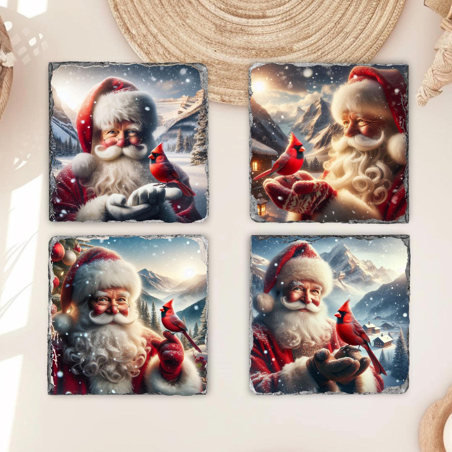 Slate Coaster Set with Santa's Winter Scene and Cardinal - 3.5x3.5 Inches Fractured Edges Includes Black Rack Ideal Holiday Gift