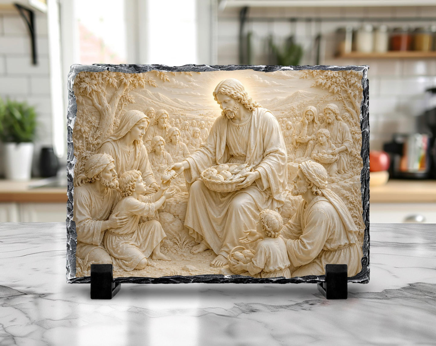 Jesus Feeding the 5000 Slate Plaque, Loaves Fishes Miracle Religious Decor, Christian Gift