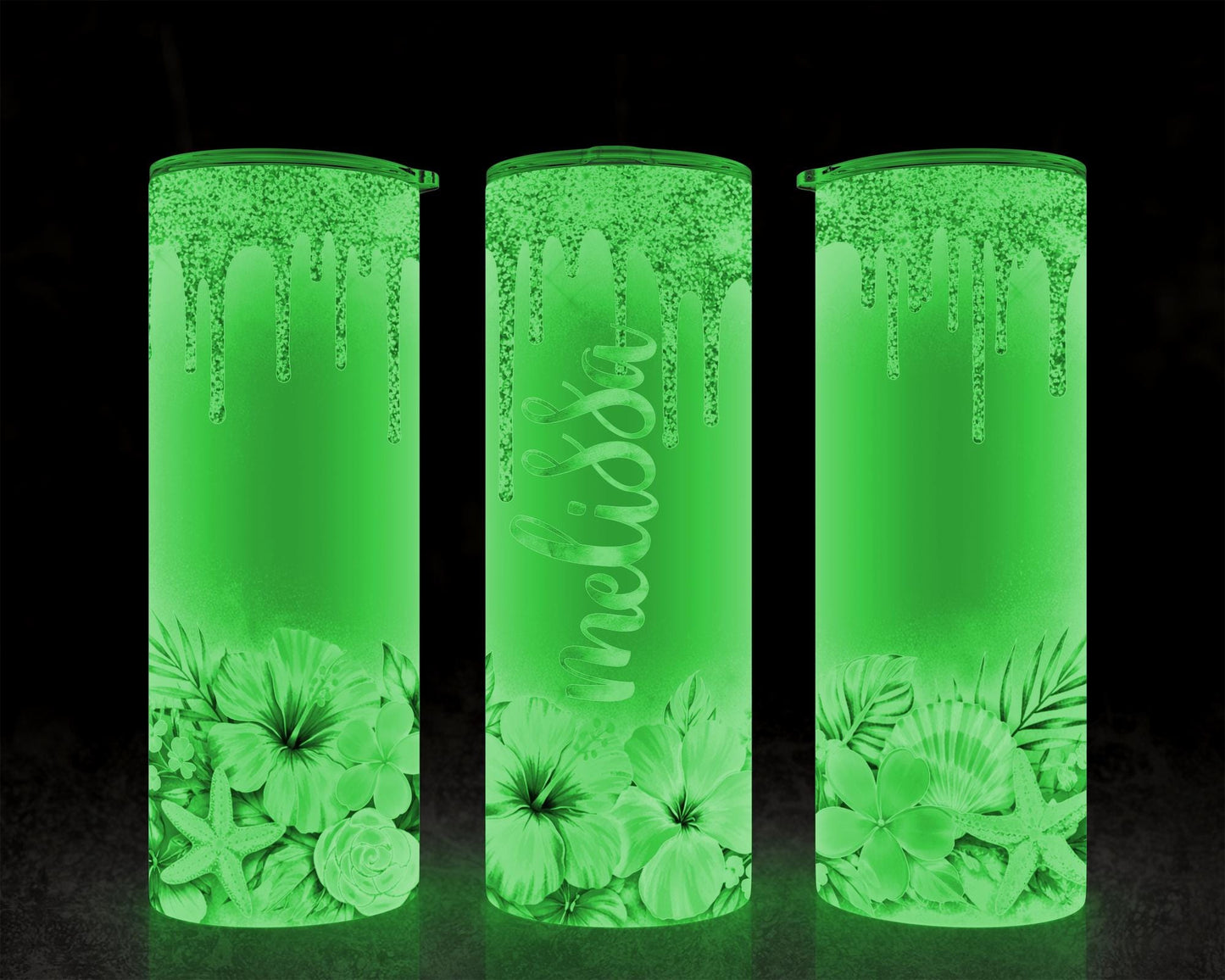 Personalized Tropical Tumbler - Double Wall Tumbler With Floral Beach Design & Glow Green