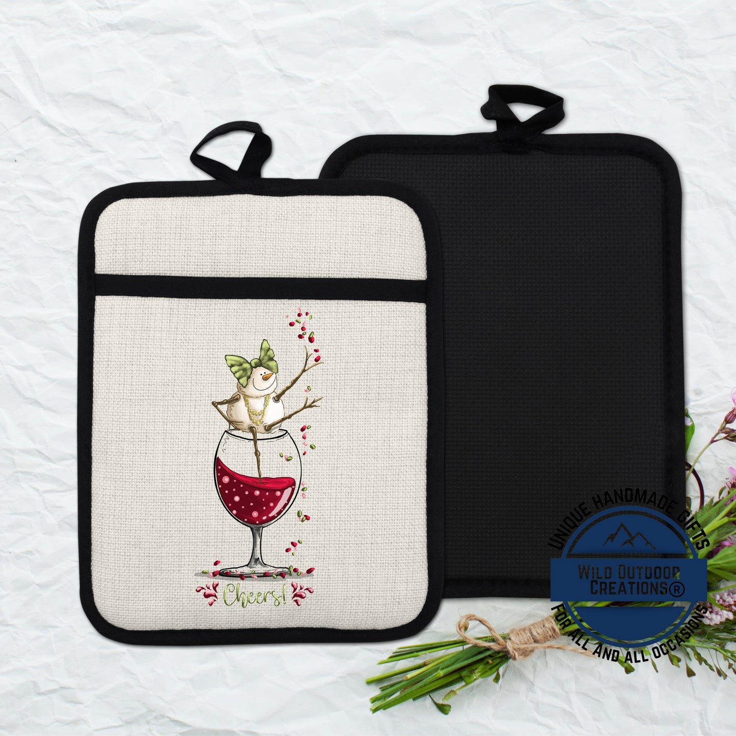 Wine Snowman Pot Holder Linen Hot Pad Cheers Kitchen Gift Wine Lover