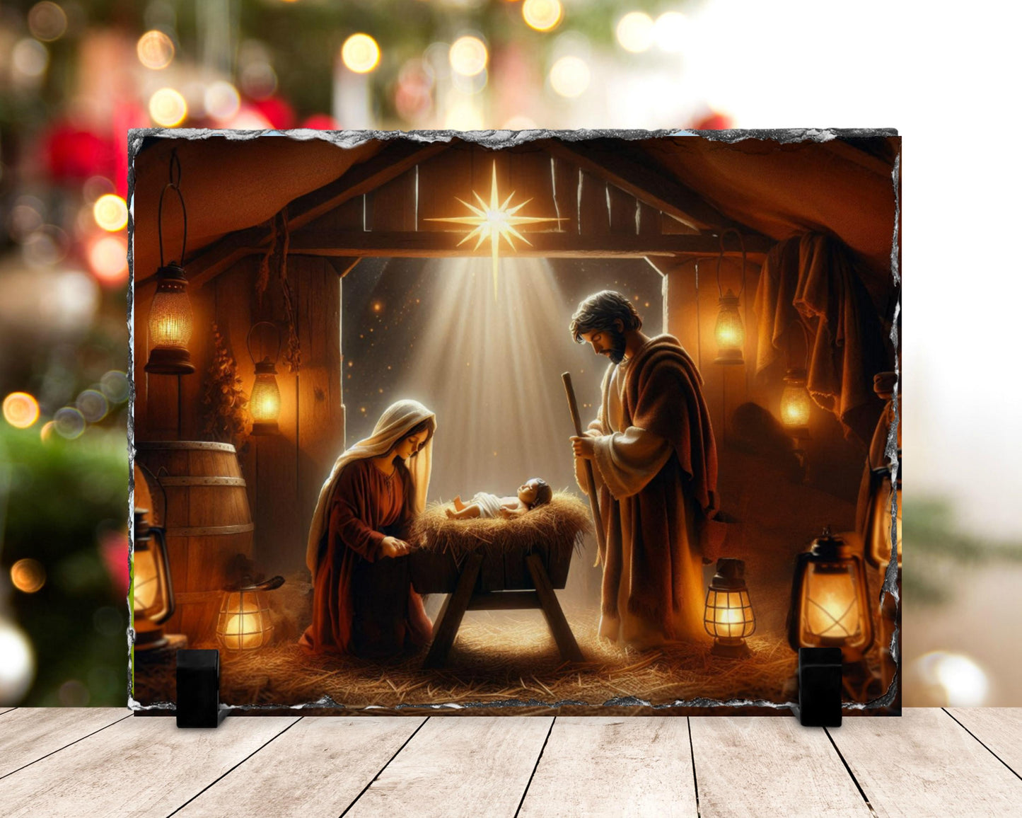 Religious Slate Wall Art - Mary  Jesus Nativity Scene with Fractured Edges - Unique Christmas Home Decor Gift