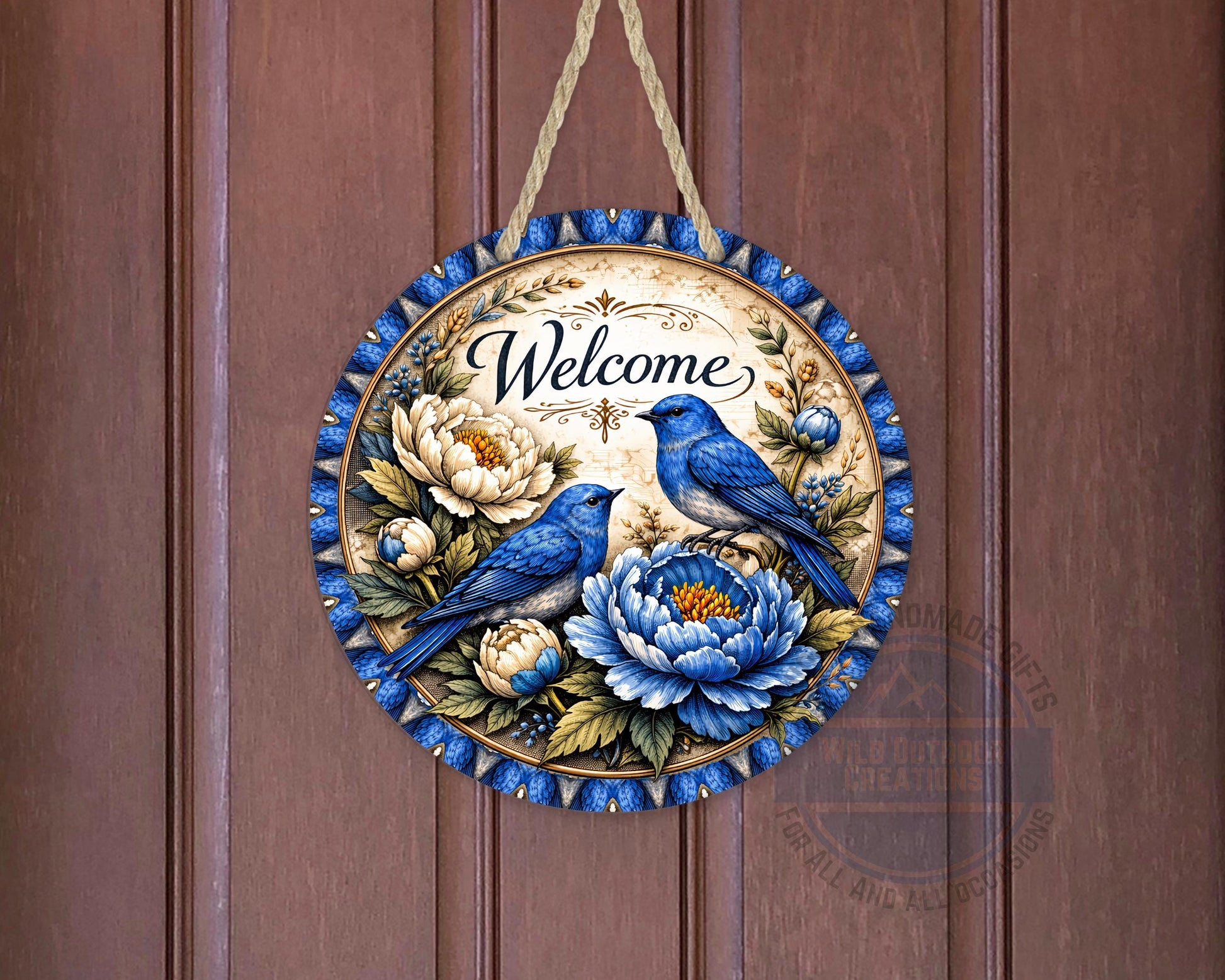 Bluebird Welcome Sign - Round Door Hanger With Floral Porch Decor, UV Coated - detail view