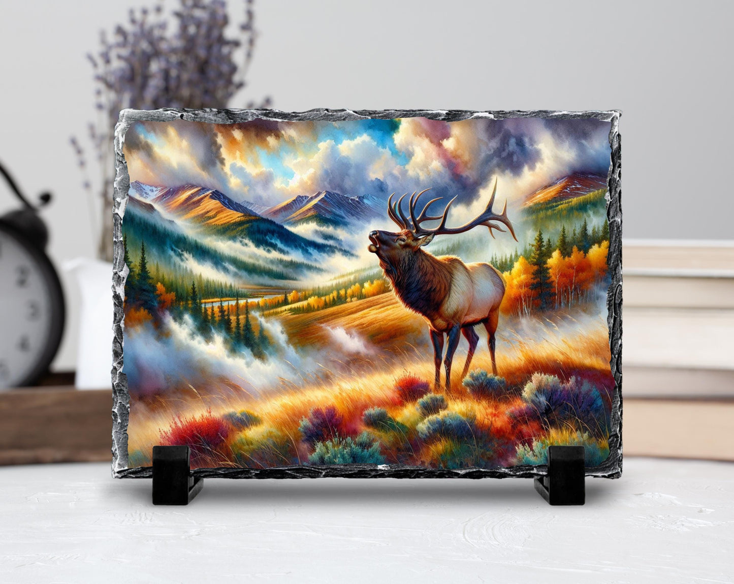 Bugling Elk Slate Plaque - Autumn Mountain Scene Wildlife Art for Rustic Cabin Decor