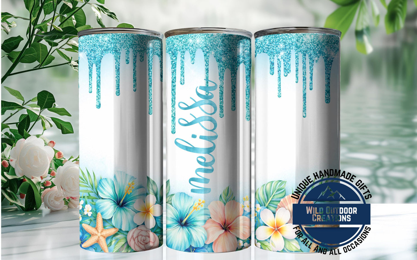 Personalized Tropical Tumbler - Double Wall Tumbler With Floral Beach Design & Glow Green