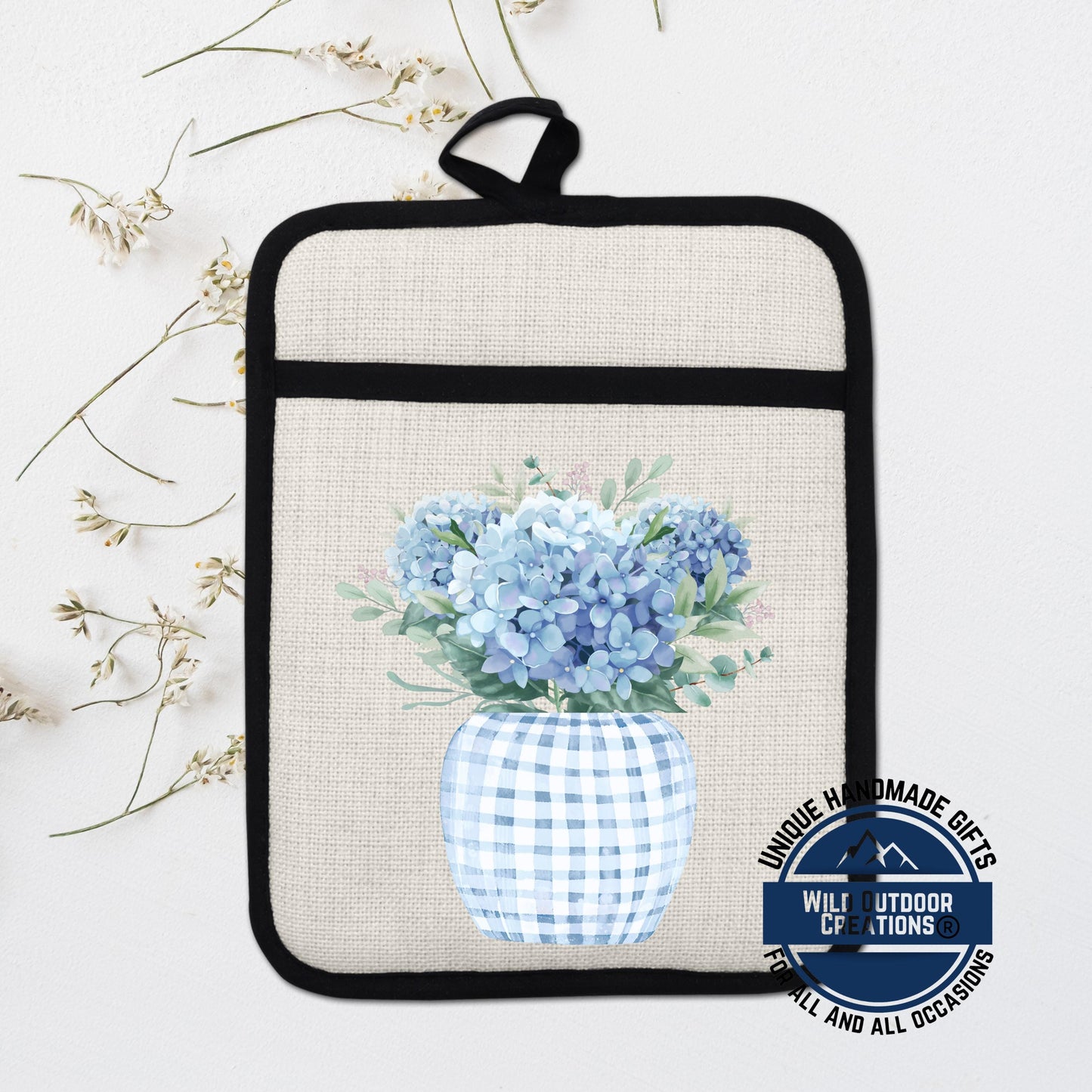 Blue Hydrangea Pot Holder – Floral Kitchen Accessory with Non Slip Silicone Back - scale and size reference