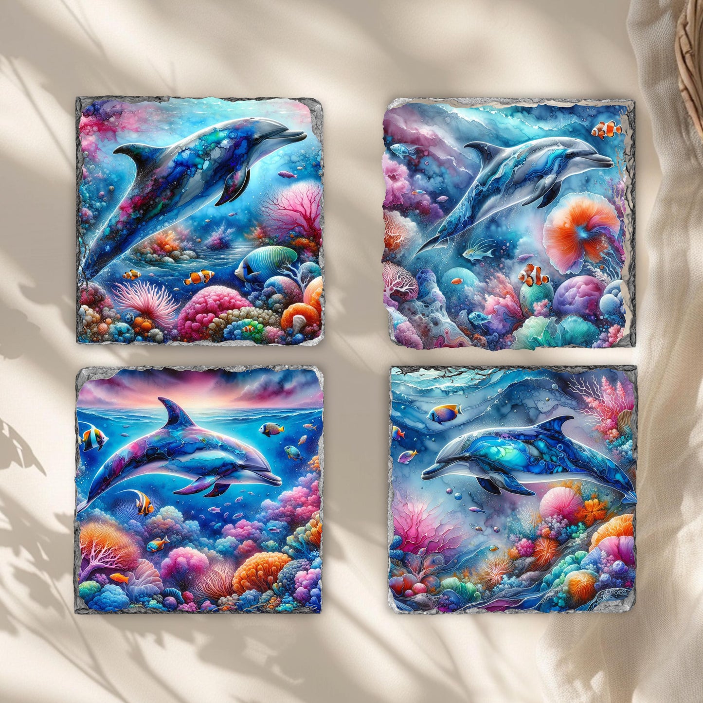 Dolphin Slate Coaster Set with Rack - Ocean-Themed Drink Coasters for Beach House Decor  Gifts