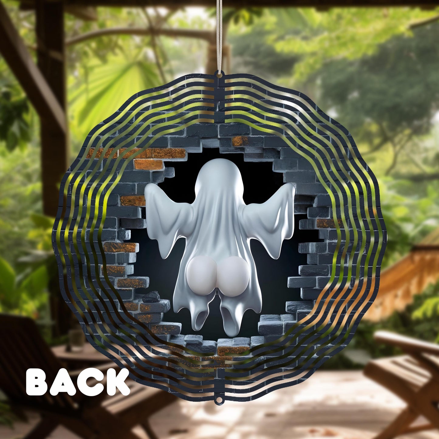 10x10 Inch Ghost Wind Spinner - 3D Double-Sided Aluminum Garden Art with Brick Wall Scene UV Coated for IndoorOutdoor Decor
