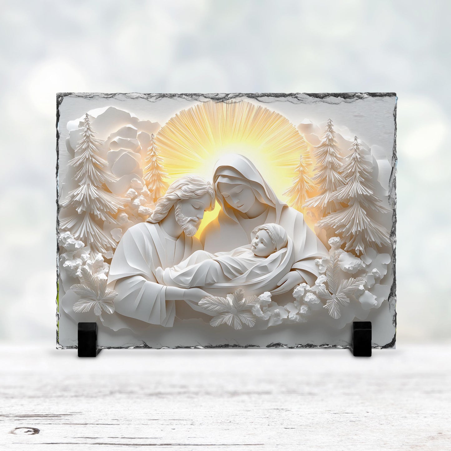 Fractured Edges Slate Plaque - 3D Nativity Scene with Mary Joseph  Baby Jesus
