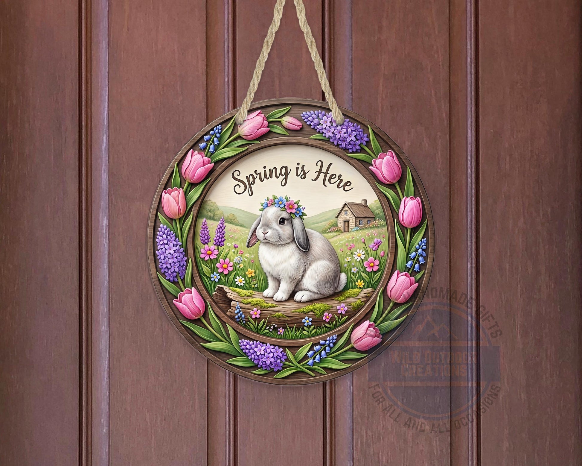 Spring Door Hanger – Round Aluminum Bunny Spring Sign with Tulip Decor - displayed on front door