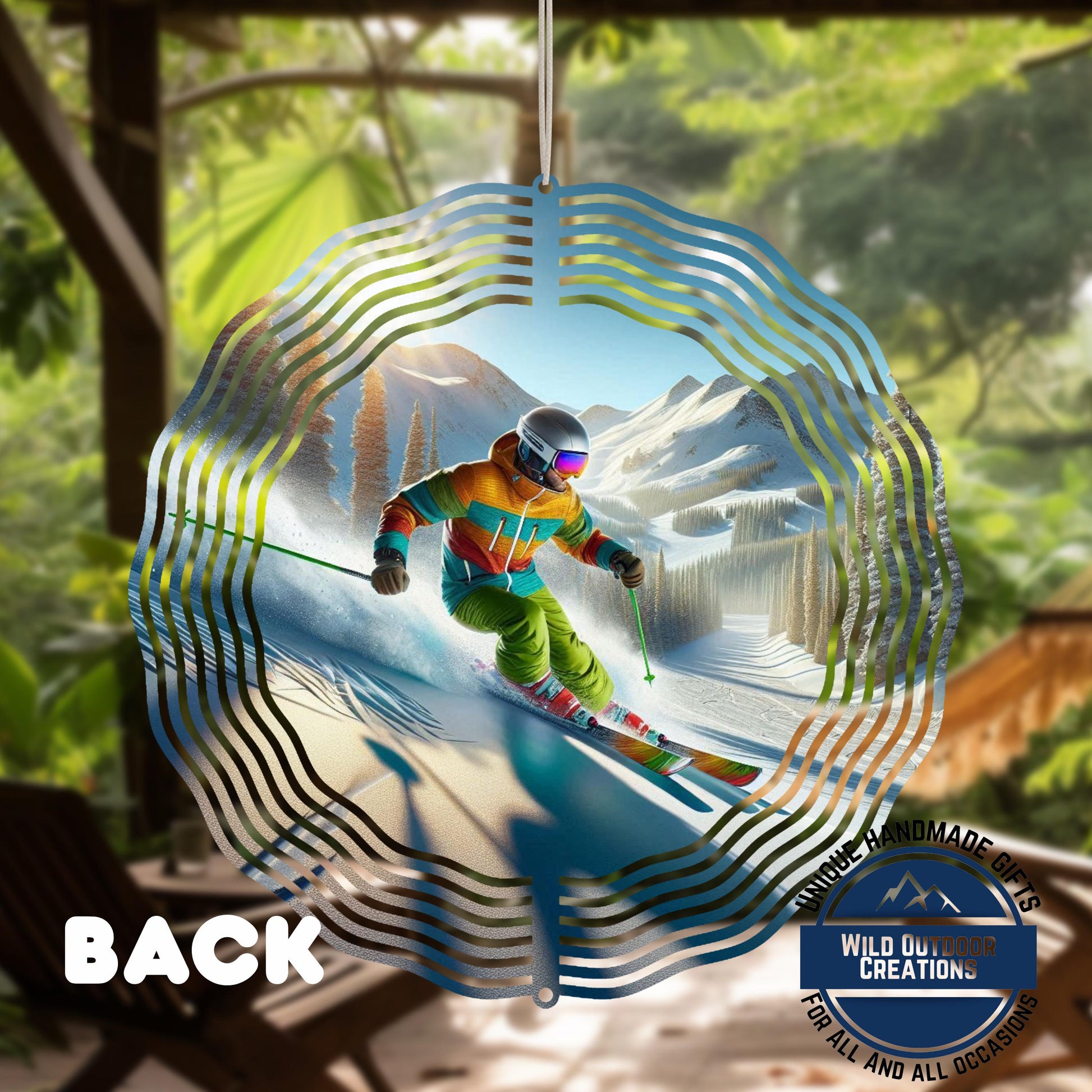 Skier Wind Spinner – Vibrant Double Sided Aluminum Art with 360 Degree Swivel - scale and size reference