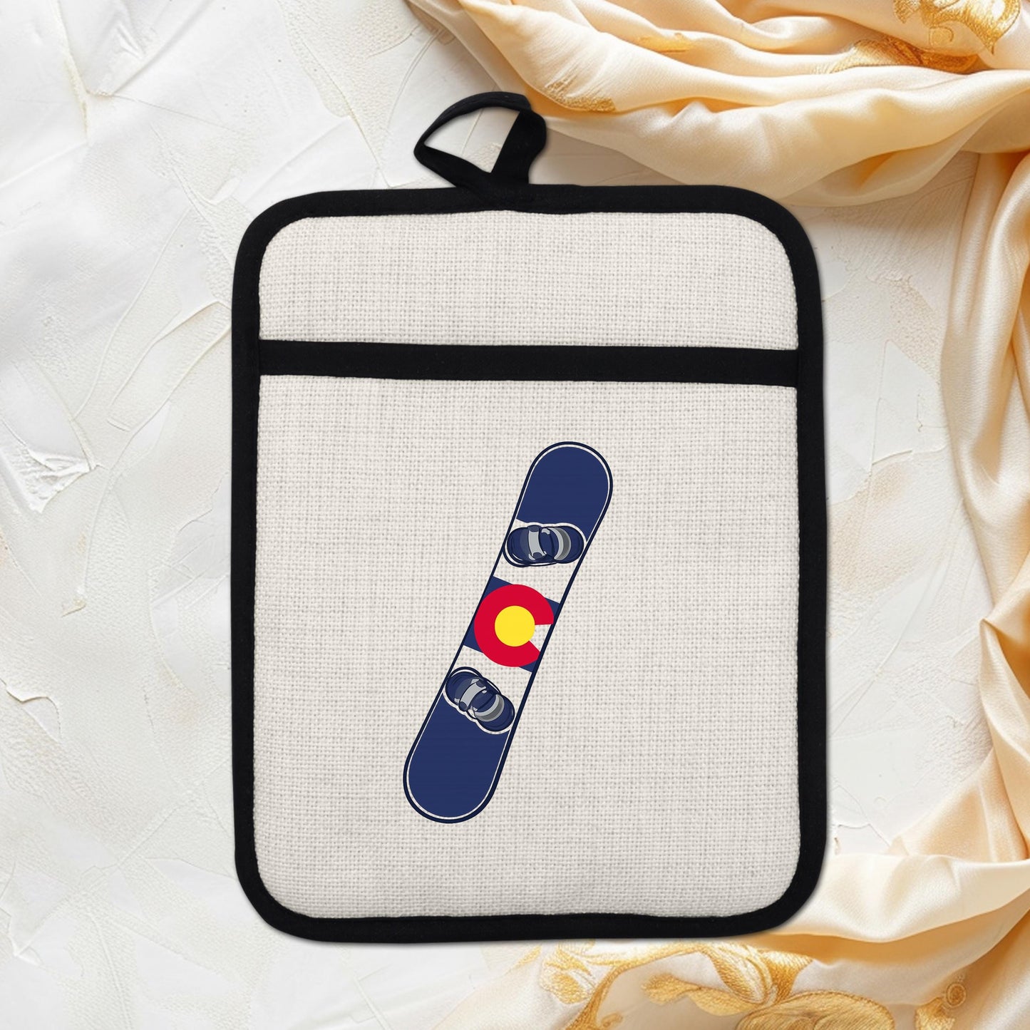 Snowboard Pot Holder - Colorado Flag Design | Linen Fabric & Silicone Backing Pad Trivet