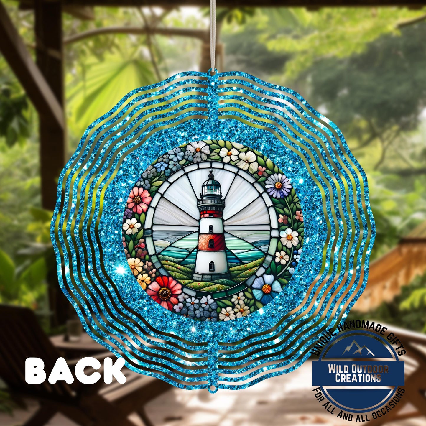 Coastal Lighthouse Wind Spinner – Aluminum Outdoor Garden Decor with Blue Glitter