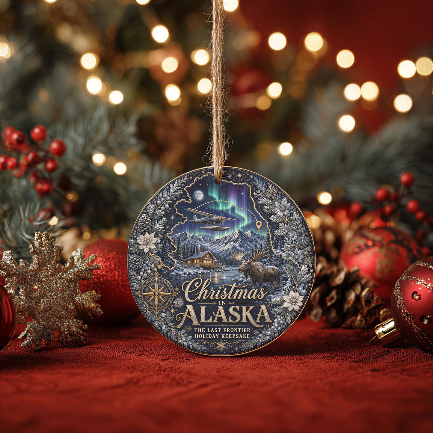 Alaska Ornament - Northern Lights Moose Cabin, 3 Inch Ceramic Tree