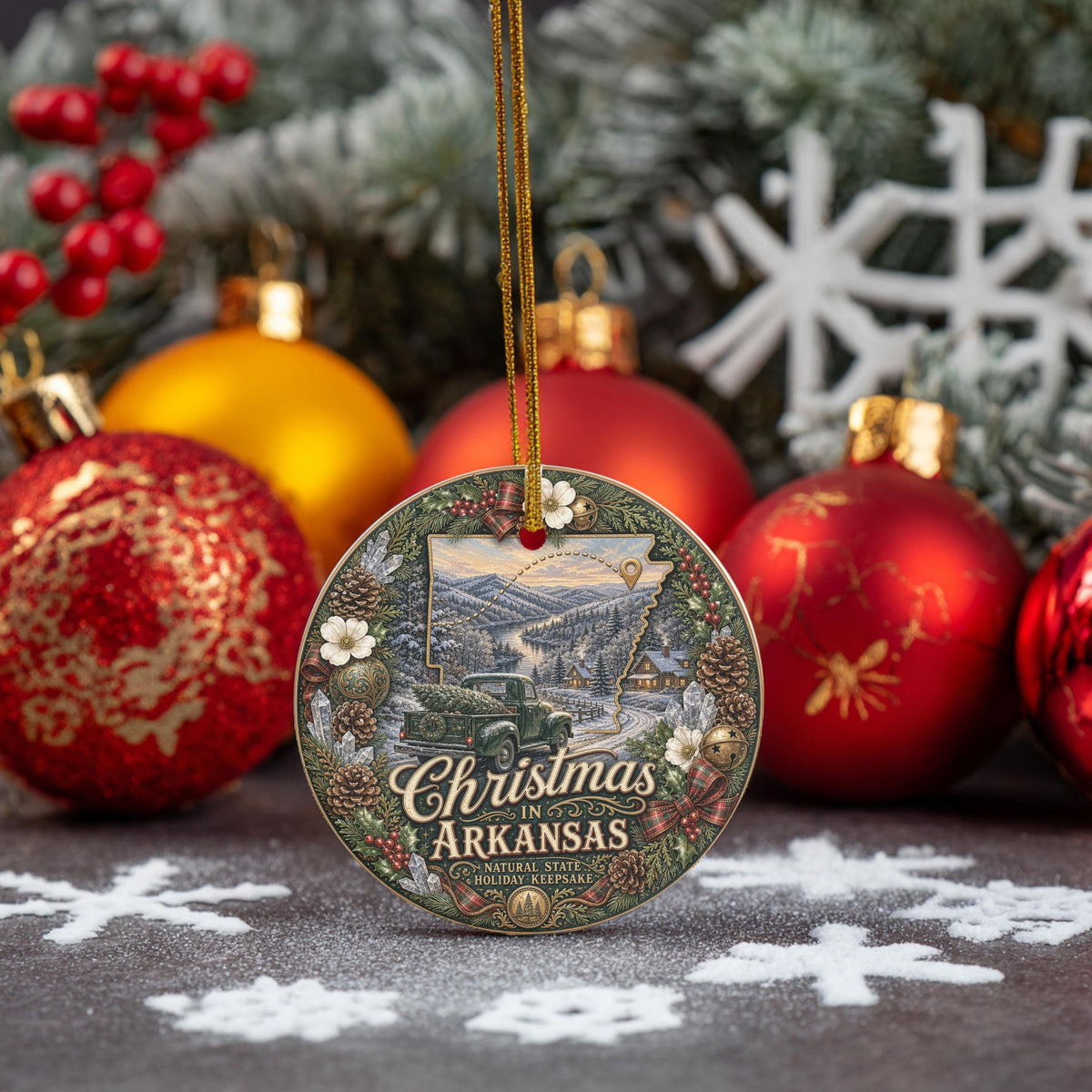 Arkansas Christmas Ornament, Vintage Truck River Ceramic Keepsake