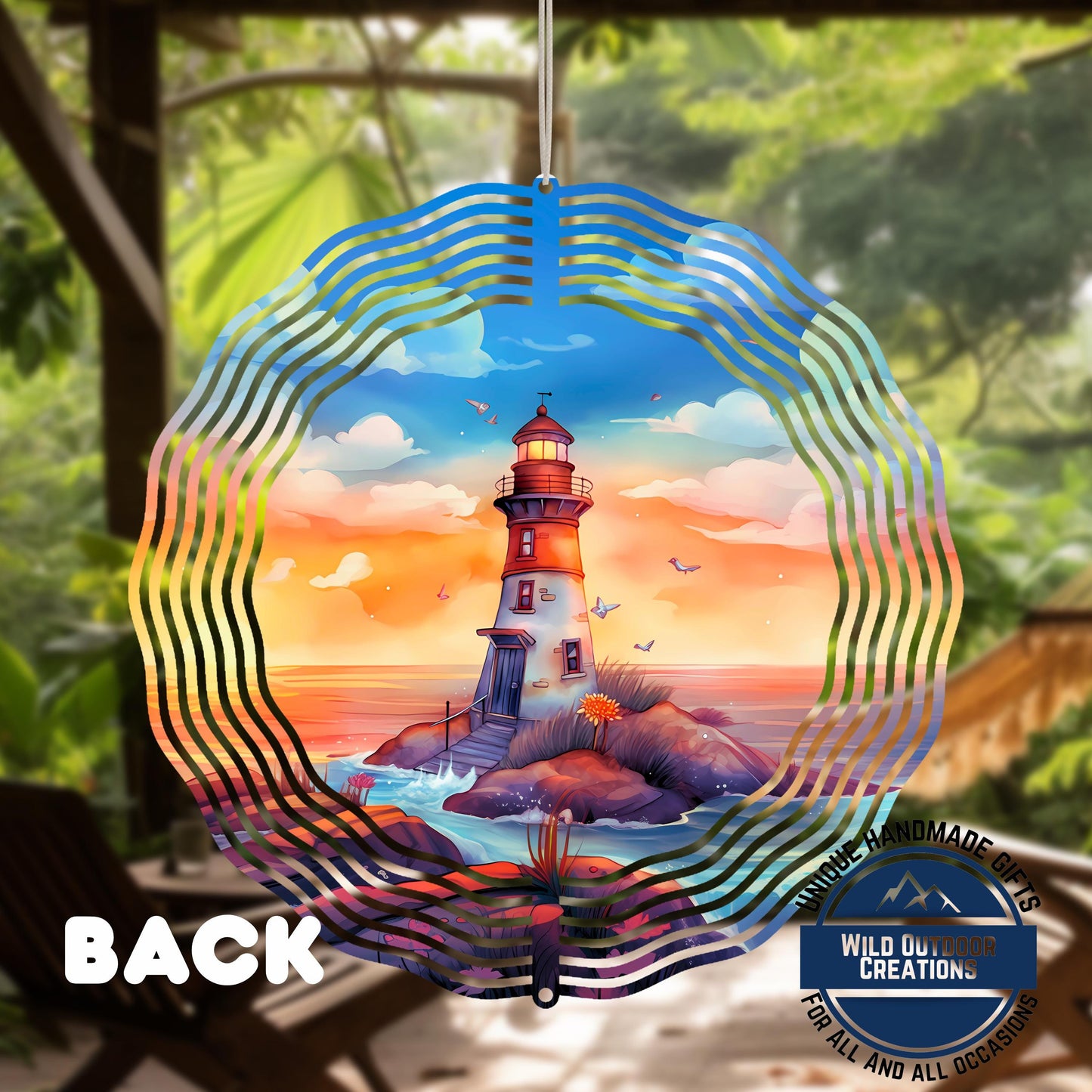 Watercolor Lighthouse Wind Spinner – Coastal Patio Decor with 360 Degree Swivel