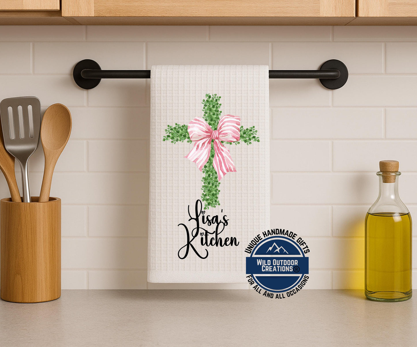 Personalized Kitchen Towel - Custom Name Cross Design with Pink Bow | Easter Gift - additional product photo 10