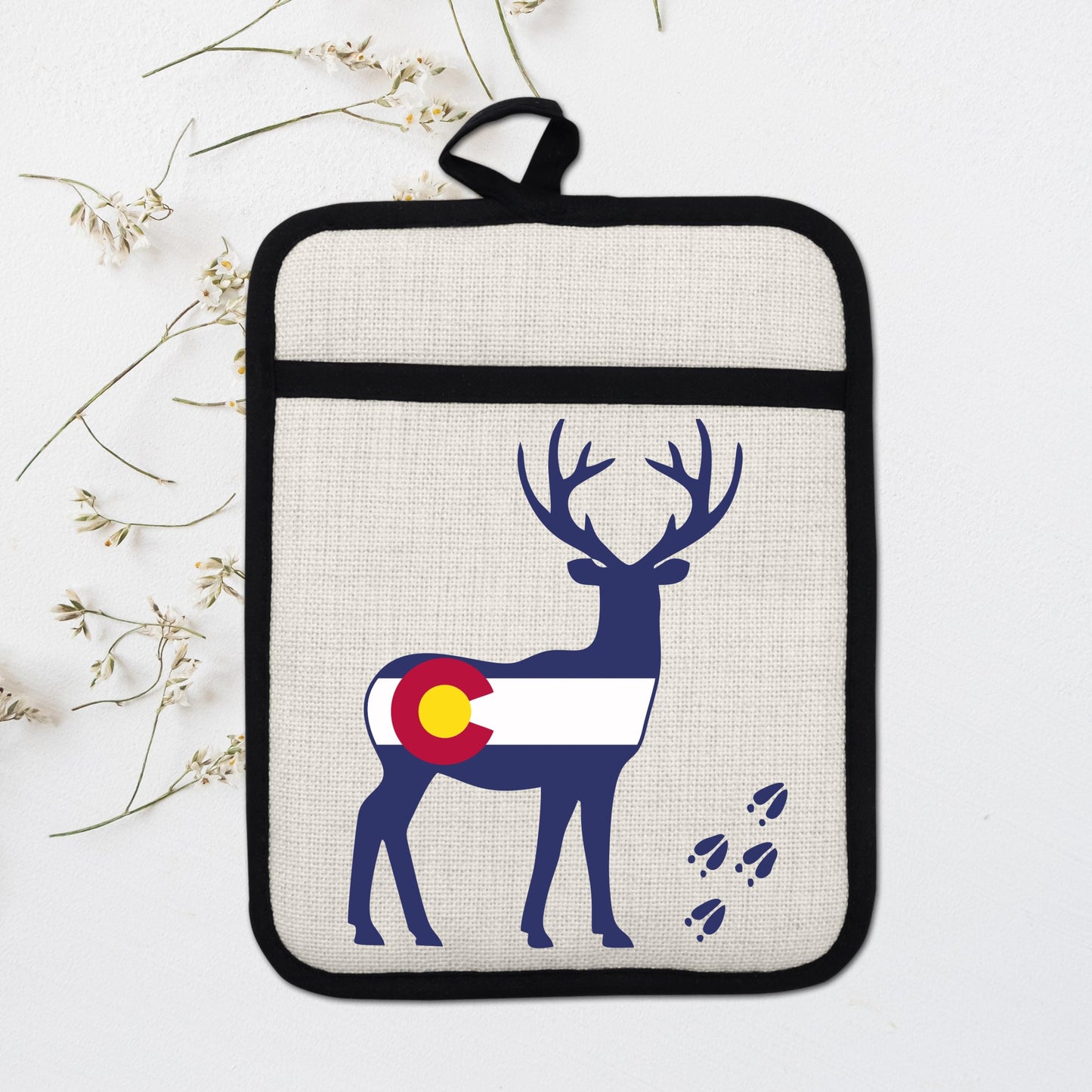 Colorado Deer Pot Holder - Linen Fabric, Silicone Back Trivet with Pocket Grip