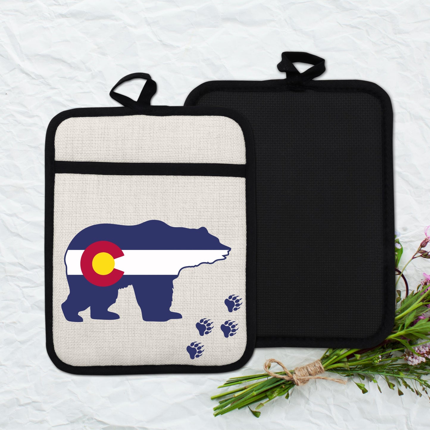 Pot Holder Oven Mitt - Colorado Bear Design | Silicone Pot Holder, Linen Fabric