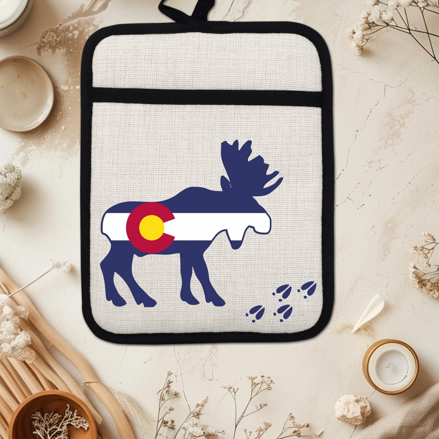 Colorado Moose Pot Holder - Heat Resistant Trivet with Silicone Back & Linen Fabric Front