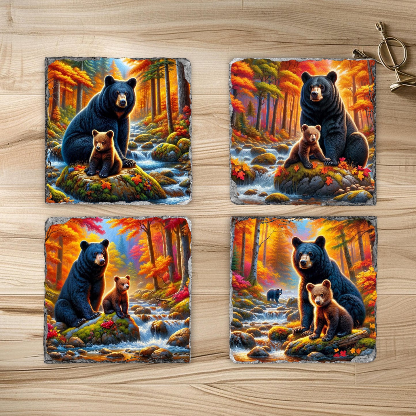 Fractured Edge Slate Coaster Set with Bear and Cub Fall River Scene - Ideal Gift for Nature Lovers