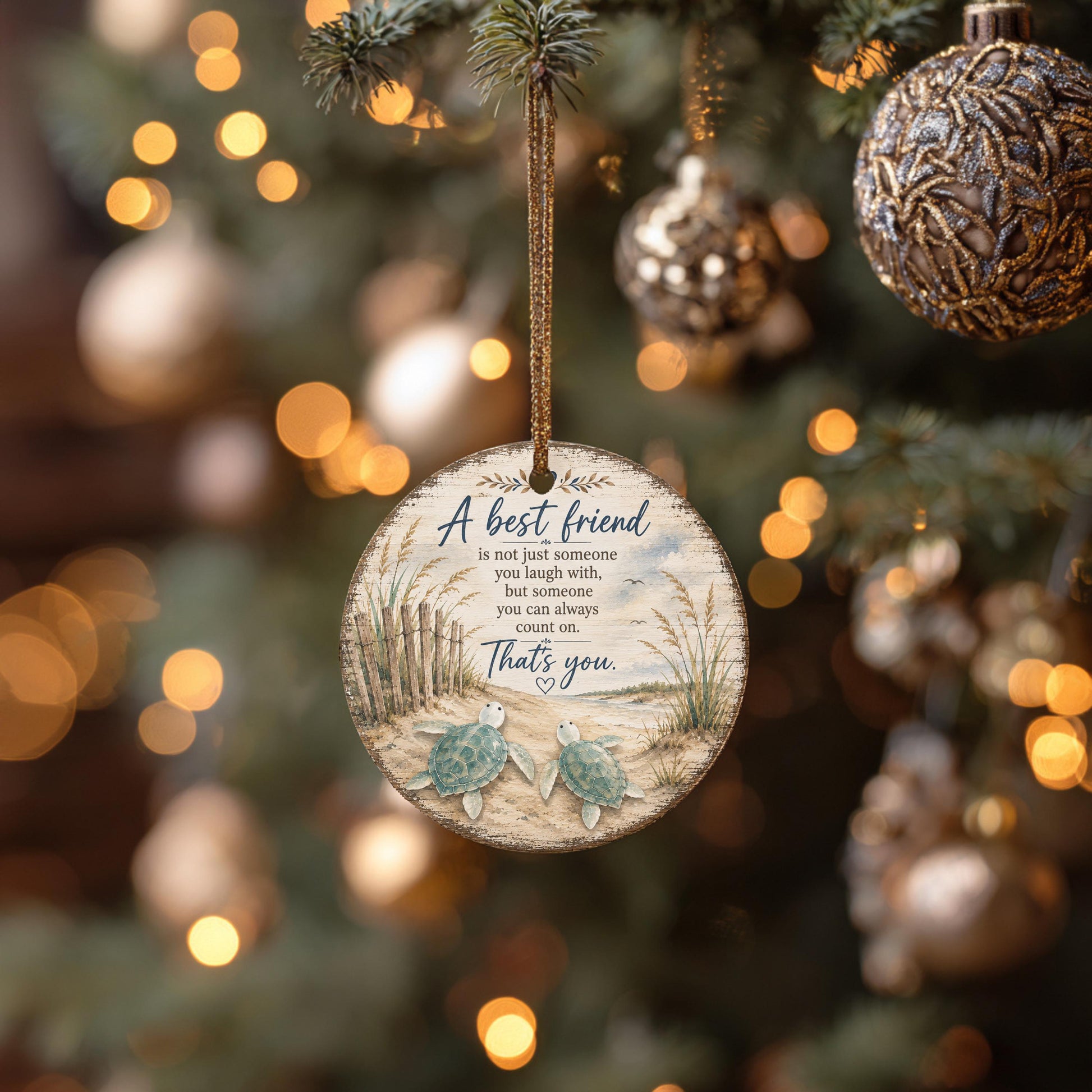 A round ornament hanging from a Christmas tree, featuring a message about the importance of a best friend.