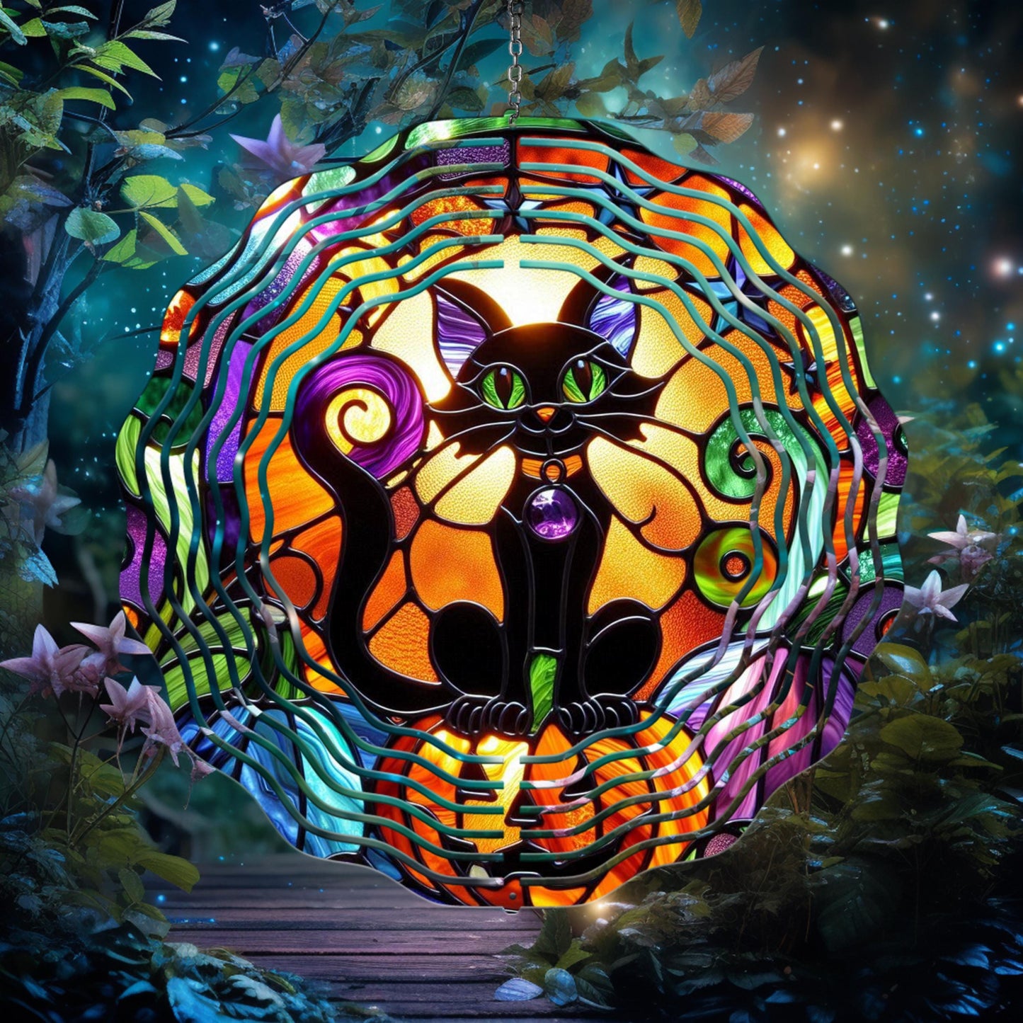 Black Cat Wind Spinner - Halloween Decor in Faux Stained Glass UV-Protected Aluminum