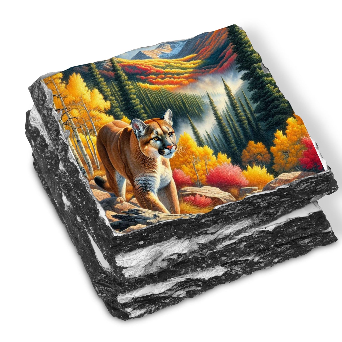 Mountain Lion Slate Coaster Set - Fall Landscape Decor for Nature Lovers