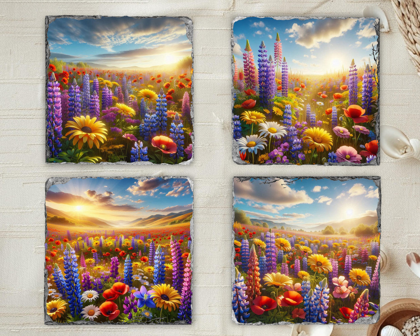 Rustic Sunset Slate Coaster Set - Wildflower Valley Gift for Her